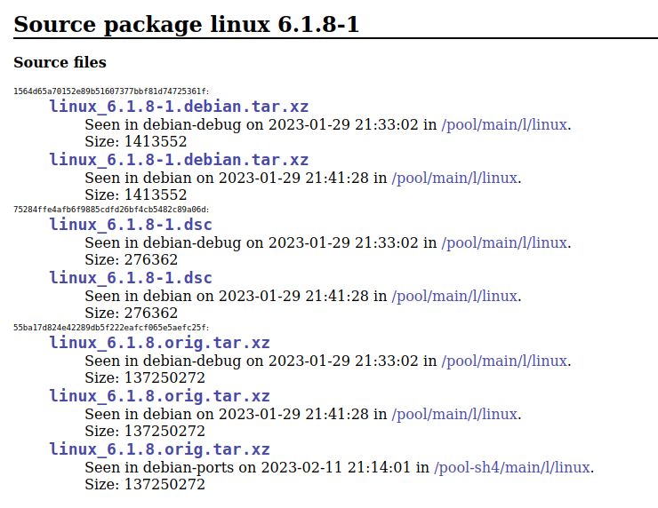 Screenshot of source package information for Linux version 6.1.8-1, listing various source files with details including names, seen dates, and file sizes.