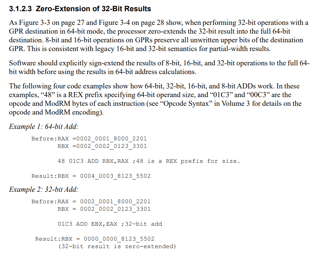 Technical document section discussing zero-extension of 32-bit results in 64-bit mode with examples of 64-bit and 32-bit addition operations.